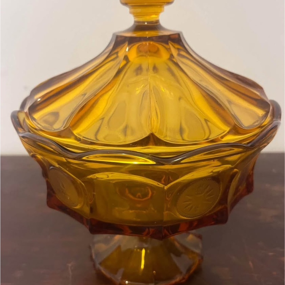 Amber Fostoria coin pattern large compote dish with lid